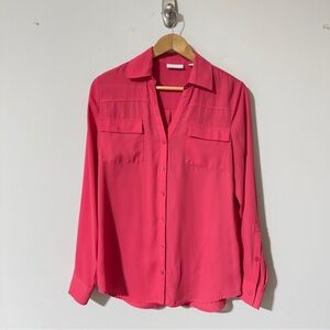 👉 New York & Company Pink V-Neck Button Up Blouse, Long Sleeve, Size Medium